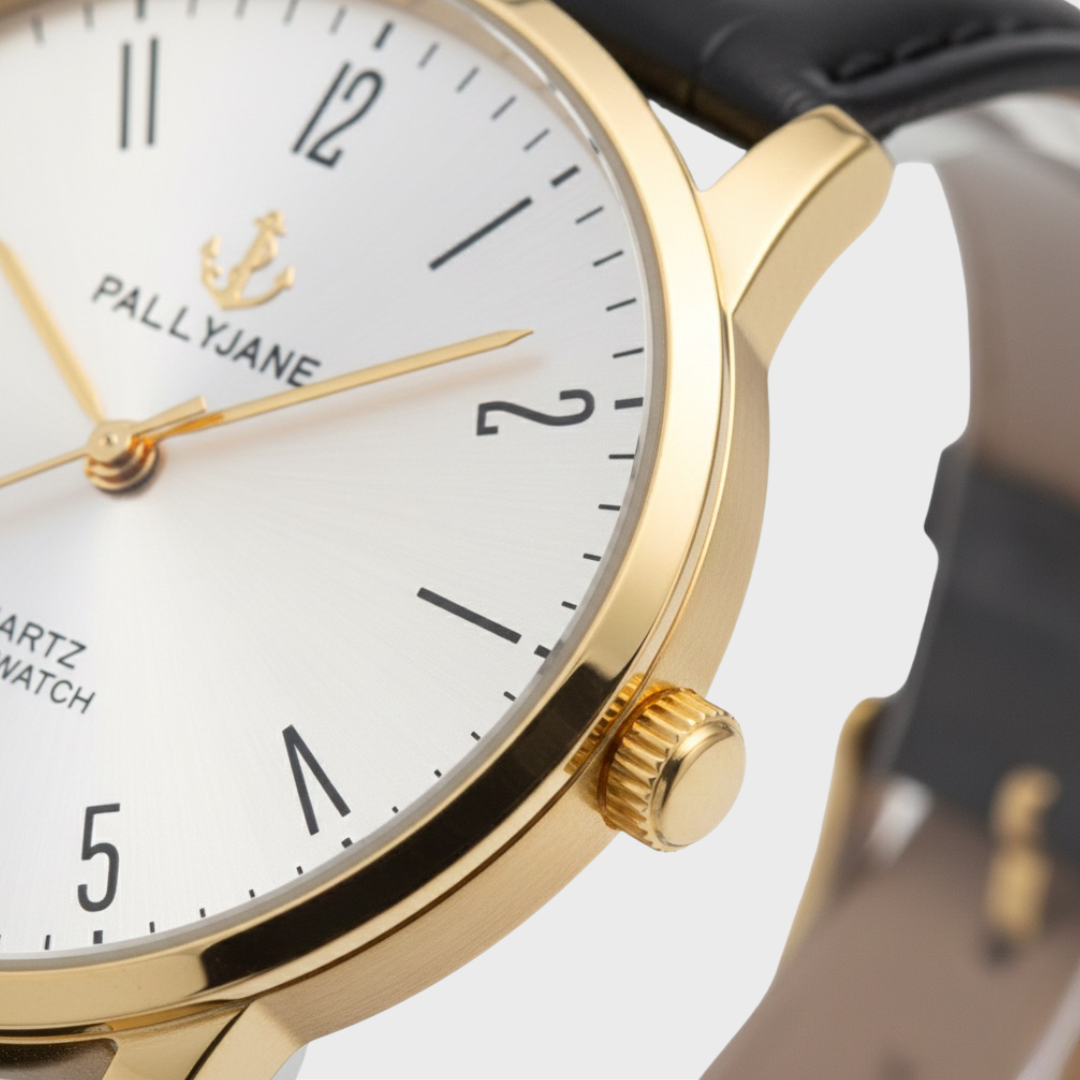 Pallyjane Golden Classic — Relógio Masculino Social de Luxo com Mostrador Dourado, Pulseira em Couro Preto e Movimento Quartzo