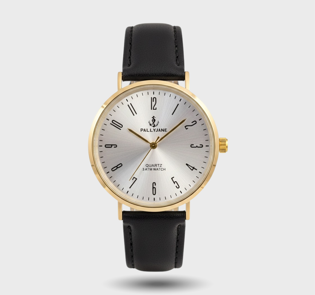Pallyjane Golden Classic — Relógio Masculino Social de Luxo com Mostrador Dourado, Pulseira em Couro Preto e Movimento Quartzo