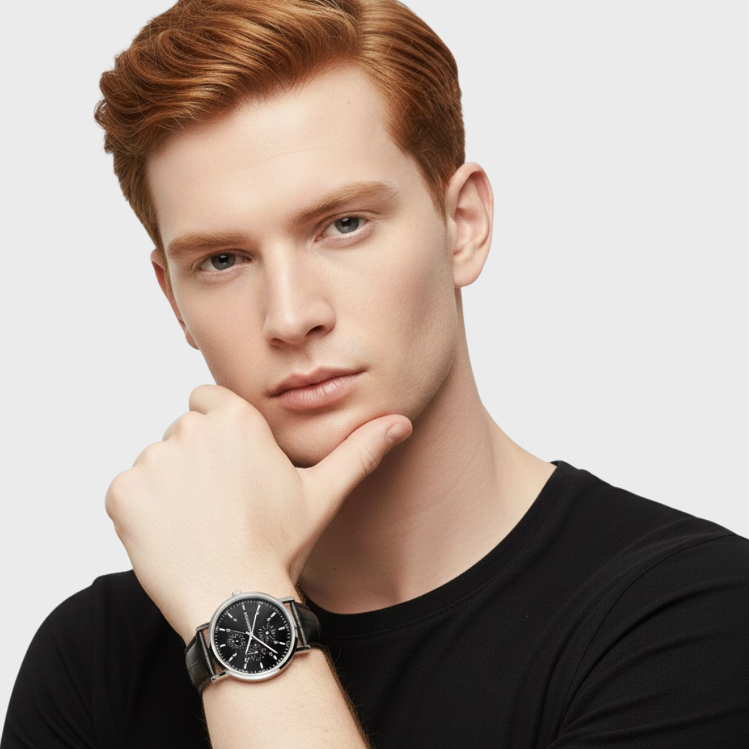 Minimal Prestige — Relógio Masculino de Luxo com Design Minimalista, Movimento Quartzo e Pulseira em Couro 